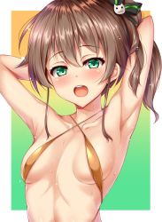 Rule 34 | 1girl, arched back, armpits, arms up, bikini, blush, breasts, breasts apart, collarbone, commentary request, gold bikini, gradient background, green eyes, hair between eyes, hair ornament, half-closed eyes, halterneck, highres, hololive, kuragari, natsuiro matsuri, open mouth, outside border, portrait, ribbon, short hair, side ponytail, simple background, small breasts, solo, swimsuit, virtual youtuber