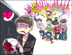 Rule 34 | 10s, 6+boys, bad id, bad pixiv id, banner, black border, border, bouquet, broken heart, brothers, brown hair, commentary request, confetti, flower, heart, heart in mouth, hood, hoodie, jacket, laughing, male focus, matsuno choromatsu, matsuno ichimatsu, matsuno jyushimatsu, matsuno karamatsu, matsuno osomatsu, matsuno todomatsu, messy hair, multiple boys, osomatsu-kun, osomatsu-san, osomatsu (series), party popper, pointing, rejection, sandals, sextuplets, shakata (syakatan), shorts, siblings, sleeves past wrists, smile, smirk, socks, tearing up, tears, text focus, tongue, tongue out, translation request