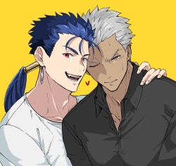 Rule 34 | 2boys, archer (fate), black shirt, blue hair, collarbone, cu chulainn (fate), cu chulainn (fate/stay night), earrings, fangs, fate/stay night, fate (series), fingernails, grey eyes, grey hair, hand on another&#039;s shoulder, happy, heart, highres, hourinoki, jewelry, long hair, looking at viewer, male focus, mature male, multiple boys, one eye closed, open mouth, ponytail, red eyes, shirt, simple background, smile, sweatdrop, teeth, white shirt, yaoi, yellow background
