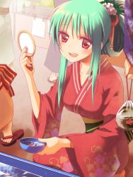 Rule 34 | 1girl, 4others, azpainter (medium), blush, bowl, breasts, commentary request, fish, folded ponytail, full body, goldfish, goldfish scooping, green hair, highres, holding, holding bowl, japanese clothes, kimono, long hair, looking at viewer, medium breasts, multiple others, mypaint (medium), open mouth, original, poi (goldfish scoop), red eyes, red kimono, sakakura (sariri), sidelocks, smile, solo focus, squatting, water, yukata