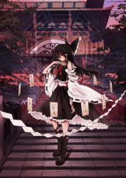 Rule 34 | 1girl, alternate color, black skirt, boots, bow, brown hair, detached sleeves, eva200499, female focus, frilled skirt, frills, gohei, hair bow, hakurei reimu, high heels, highres, japanese clothes, miko, nature, ofuda, outdoors, plant, red eyes, sarashi, shoes, shrine, skirt, sky, solo, stairs, standing, touhou