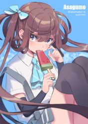 Rule 34 | 1girl, amana (pocketkey), arm warmers, asagumo (kancolle), ascot, black thighhighs, blue ascot, blue background, blue ribbon, brown hair, character name, food, food in mouth, grey eyes, grey skirt, hair ribbon, highres, holding, holding food, kantai collection, long hair, looking at viewer, pleated skirt, popsicle, ribbon, shirt, short sleeves, simple background, skirt, solo, suspenders, thighhighs, twintails, watermelon bar, white shirt