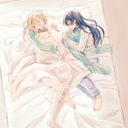 Rule 34 | 2girls, ayase eli, bed, blanket, blonde hair, blue hair, closed eyes, commentary request, hair between eyes, holding pants, long hair, long sleeves, love live!, love live! school idol project, lying, multiple girls, no pants, on back, on side, open mouth, pajamas, pants, unworn pants, pillow, sleeping, sonoda umi, suito, under covers, yuri