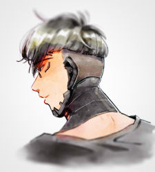 1boy, apex legends, black hair, black shirt, crypto (apex legends), cyborg, eyebrows visible through hair, from behind, grey background, highres, husagin, light smile, looking down, male focus, science fiction, shirt, solo, undercut, upper body