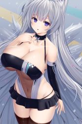 Rule 34 | animal ears, asamura hiori, azur lane, bare shoulders, breasts, bridal gauntlets, choker, cleavage, collarbone, covered erect nipples, covered navel, cowboy shot, fox ears, fox tail, gloves, grey hair, highres, huge breasts, long hair, looking at viewer, microskirt, multiple tails, official alternate costume, open mouth, panty straps, purple eyes, race queen, see-through, shinano (azur lane), shinano (moonlit chrome) (azur lane), single glove, skirt, tail, thighhighs, very long hair