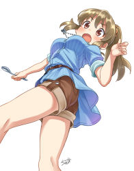 Rule 34 | 1girl, :o, ass, bare legs, belt, blush, brown eyes, brown hair, earrings, feet out of frame, from below, hair tie, high ponytail, holding, holding spork, hori yuko, idolmaster, idolmaster cinderella girls, jewelry, long hair, looking at viewer, necklace, open mouth, ponytail, shirt, short shorts, shorts, signature, simple background, sleeves rolled up, solo, spork, striped clothes, striped shirt, stud earrings, sweatdrop, tyuga, v-shaped eyebrows, vertical-striped clothes, vertical-striped shirt, white background