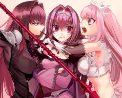 Rule 34 | 3girls, armor, bodysuit, breasts, dress, fate/grand order, fate (series), feather trim, fur-trimmed dress, fur trim, gae bolg (fate), girl sandwich, gloves, hair between eyes, hair intakes, headpiece, highres, large breasts, long hair, medb (fate), medb (fate), multiple girls, n morninglight, pauldrons, pink hair, pocky day, pout, purple bodysuit, purple dress, purple hair, red eyes, sandwiched, scathach (fate), scathach (fate), scathach skadi (fate), shoulder armor, tiara, white gloves, yellow eyes