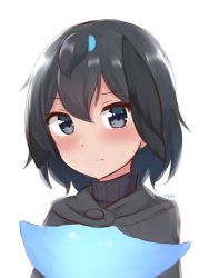 Rule 34 | 1girl, absurdres, black cape, black eyes, black hair, black sweater, cape, commentary, frown, hair between eyes, highres, kemono friends, light blush, looking at viewer, portrait, ribbed sweater, shiraha maru, short hair, simple background, solo, superb bird-of-paradise (kemono friends), sweat, sweater, turtleneck, turtleneck sweater, white background