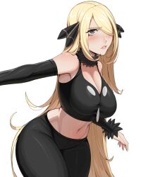 Rule 34 | 1girl, absurdres, adapted costume, arm at side, black collar, black pants, black sleeves, black sports bra, blonde hair, blush, bojinko, breasts, cleavage, collar, cowboy shot, creatures (company), cynthia (pokemon), detached collar, detached sleeves, embarrassed, female focus, fur collar, fur trim, game freak, grey eyes, hair ornament, hair over one eye, highres, large breasts, leaning forward, lips, long hair, looking at viewer, midriff, navel, nintendo, outstretched arm, pants, parted lips, pokemon, pokemon dppt, simple background, solo, sports bra, standing, teeth, white background, workout clothes