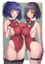 Rule 34 | 2girls, asymmetrical docking, bare shoulders, bell, black hair, blue eyes, blue hair, blunt bangs, blush, border, breast press, brown thighhighs, closed mouth, collarbone, commission, covered navel, flying sweatdrops, fur-trimmed gloves, fur trim, gloves, grey border, hair between eyes, heart, highres, leotard, looking at viewer, multiple girls, neck bell, original, polka dot, red eyes, red gloves, red leotard, red ribbon, ribbon, see-through, short hair, skeb commission, skindentation, smile, striped, sweat, sweatdrop, thigh strap, thighhighs, trente, twintails, twitter username