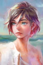 Rule 34 | 1girl, blue eyes, brown hair, eyebrows, eyelashes, hair between eyes, lips, looking afar, looking to the side, nababa, nose, original, outdoors, portrait, short hair, solo, upper body