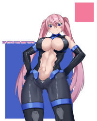 Rule 34 | 1girl, bare shoulders, black bodysuit, black gloves, blue background, blush, bodysuit, breasts, center opening, character request, cleavage, closed mouth, commentary, copyright name, cowboy shot, elbow gloves, from below, gloves, gluteal fold, hair between eyes, hands on own hips, highres, large breasts, long hair, looking at viewer, mrnn, multicolored background, navel, pink background, pink hair, purple eyes, sidelocks, sleeveless, smile, solo, standing, thirty minutes sisters, toned, twintails, very long hair, white background