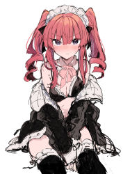 Rule 34 | 1girl, bare shoulders, between legs, black bra, black dress, black thighhighs, blush, bow, bra, breasts, cleavage, closed mouth, collar, detached collar, dress, feet out of frame, grey eyes, hair between eyes, hand between legs, highres, ikeuchi tanuma, long hair, long sleeves, looking at viewer, maid, maid headdress, medium breasts, off shoulder, open door, original, pink bow, red hair, ringlets, sidelocks, sitting, sketch, sleeves past wrists, solo, thighhighs, twintails, underwear, v-shaped eyebrows, white collar, wing collar
