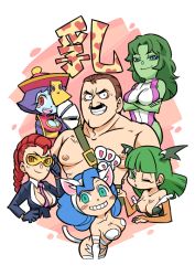 Rule 34 | 1boy, 5girls, animal ears, animal hands, bad id, bad pixiv id, blue hair, blue skin, blush stickers, breasts, capcom, cat ears, cat tail, chinese clothes, cleavage, cleavage cutout, clothing cutout, colored skin, crimson viper, demon girl, facial hair, felicia (vampire), final fight, flipped hair, fur, green hair, grin, head wings, hounori, jennifer walters, jiangshi, lei lei, marvel, marvel vs. capcom, marvel vs. capcom 3, mike haggar, morrigan aensland, multiple girls, mustache, one eye closed, pompadour, red hair, she-hulk, smile, street fighter, street fighter iv (series), sunglasses, tail, vampire (game), wings, wink