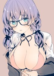 Rule 34 | 1girl, absurdres, black-framed eyewear, black jacket, black ribbon, blue eyes, blush, bra, braid, breasts, brown background, cleavage, collared shirt, commentary, dress shirt, eyelashes, fingernails, front-tie bra, front-tie top, frown, glasses, hair ribbon, halterneck, highres, huge breasts, jacket, long hair, looking at viewer, nail polish, neck ribbon, open clothes, open shirt, original, parted lips, pink bra, pink nails, purple hair, ribbon, shirt, simple background, solo, string bra, string pull, twin braids, twitter username, underwear, upper body, white shirt, wing collar, yu yu
