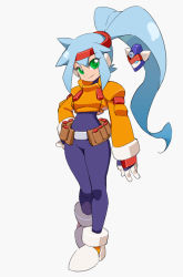 Rule 34 | 1girl, ashe (mega man), blue hair, bodysuit, capcom, commentary request, full body, gloves, green eyes, headband, high ponytail, kaidou zx, long hair, looking at viewer, mega man (series), mega man zx, mega man zx advent, ponytail, simple background, smile, solo, standing, very long hair, white background