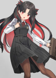Rule 34 | 1girl, black dress, black hair, black ribbon, blush, briefcase, brown pantyhose, dress, fate/grand order, fate (series), grey background, hair ribbon, hand on own chest, holding, ishtar (fate), long hair, long sleeves, looking at viewer, neck ribbon, pantyhose, parted bangs, pinafore dress, red eyes, red hair, red ribbon, ribbon, school briefcase, school uniform, shirt, simple background, sleeveless, sleeveless dress, solo, space ishtar (fate), standing, two side up, tyone, very long hair, white shirt