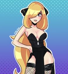 Rule 34 | 1girl, adapted costume, azex, bare arms, blonde hair, blue background, breasts, collarbone, commentary, creatures (company), cynthia (pokemon), eyelashes, fishnet thighhighs, fishnets, game freak, grey eyes, hair ornament, hair over one eye, hand on own hip, highres, long hair, nintendo, outline, parted lips, pokemon, pokemon dppt, shiny skin, smile, solo, thighhighs, twitter username, very long hair, wavy hair