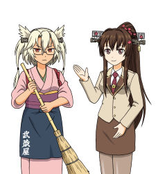 Rule 34 | &gt;:(, 10s, 2girls, absurdres, alternate costume, broom, brown eyes, brown hair, dark-skinned female, dark skin, frown, glasses, headgear, highres, holding, hoshino banchou, japanese clothes, kantai collection, kimono, long hair, looking at viewer, multiple girls, musashi (kancolle), necktie, office lady, pantyhose, ponytail, silver hair, simple background, smile, tan, tasuki, translated, two side up, v-shaped eyebrows, white background, yamato (kancolle)