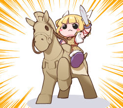 Rule 34 | 1girl, 1other, :&lt;, armor, berusuke (beru no su), blonde hair, clay, commentary request, emphasis lines, hair ribbon, holding, holding sword, holding weapon, horse, horseback riding, joutouguu mayumi, purple footwear, ribbon, riding, shirt, short hair, short sleeves, shoulder pads, solid circle eyes, sword, touhou, weapon, white ribbon, white shirt