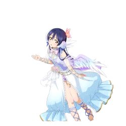 Rule 34 | 10s, 1girl, ankle lace-up, arm ribbon, barefoot, blue hair, bow, bowtie, butterfly hair ornament, center frills, corsage, cross-laced footwear, feathered wings, feet, flower, frills, full body, hair between eyes, hair flower, hair ornament, headset, long hair, looking at viewer, love live!, love live! school idol festival, love live! school idol project, non-web source, official art, parted lips, ribbon, rose, showgirl skirt, solo, sonoda umi, striped bow, striped bowtie, striped clothes, striped neckwear, transparent background, wings, x hair ornament, yellow eyes