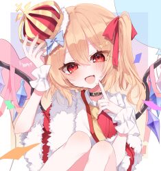 Rule 34 | 1girl, :d, absurdres, ascot, balloon, blonde hair, blue bow, bow, commentary, crown, crystal, fang, flandre scarlet, fur trim, highres, looking at viewer, medium hair, one side up, open mouth, red eyes, red nails, rori82li, short sleeves, smile, solo, touhou, wings, wrist cuffs, yellow ascot