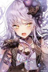 Rule 34 | 1girl, bad id, bad twitter id, bang dream!, black gloves, blush, breasts, choker, corset, cropped jacket, dress, floating hair, flower, glint, gloves, hair ornament, hand up, highres, holding, holding microphone, jacket, jewelry, light particles, long hair, looking at viewer, microphone, minato yukina, music, necklace, open clothes, open jacket, open mouth, purple flower, rose, sidelocks, silver hair, singing, sleeveless, sleeveless jacket, small breasts, solo, sparkle, sweat, taya oco, twitter username, upper body, yellow eyes