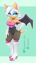 Rule 34 | 1girl, absurdres, adapted costume, alternate hairstyle, ambris art, animal ears, animal nose, artist name, asymmetrical bangs, bare shoulders, bat ears, bat girl, bat wings, black choker, black pantyhose, black wings, blue eyes, blue eyeshadow, blush, body fur, boots, breasts, choker, cleavage, closed mouth, eyeshadow, female focus, fishnet pantyhose, fishnets, full body, furry, furry female, green background, groin, half-closed eyes, hand on own hip, hand on own thigh, happy, high heels, highres, large breasts, leotard, light blush, looking to the side, makeup, multicolored leotard, outline, pantyhose, patreon logo, patreon username, raised eyebrow, rouge the bat, short hair, simple background, skindentation, smile, solo, sonic (series), standing, strapless, strapless leotard, tail, thigh boots, twitter logo, twitter username, watermark, white footwear, white fur, white hair, white outline, wings
