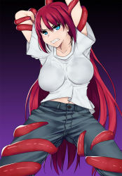 Rule 34 | 00s, 1girl, aozaki aoko, arms up, teeth, blue eyes, breasts, denim, hair intakes, highres, imminent rape, jeans, large breasts, long hair, pants, prhs, red hair, restrained, shirt, solo, t-shirt, tentacles, tsukihime, very long hair