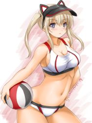 Rule 34 | 1girl, akimoto dai, animal ears, artist name, ball, beach volleyball, bikini, blonde hair, breasts, cat ears, cleavage, commentary request, cowboy shot, dated, fake animal ears, graf zeppelin (kancolle), grey eyes, groin, hand on own hip, highres, kantai collection, long hair, looking at viewer, navel, one-hour drawing challenge, sidelocks, solo, sports bikini, swimsuit, twintails, visor cap, volleyball, volleyball (object), white bikini