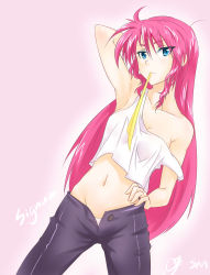 Rule 34 | 1girl, armpits, artist name, bad id, bad pixiv id, bare shoulders, breasts, character name, cleavage, hair down, highres, long hair, lyrical nanoha, mahou shoujo lyrical nanoha, mahou shoujo lyrical nanoha a&#039;s, midriff, mouth hold, navel, panties, pants, pink hair, shumai (sm318), signum, solo, strap slip, tank top, underwear