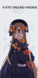 Rule 34 | 1girl, abigail williams (fate), akiyamakatsu to, black bow, black dress, black hat, blonde hair, blue eyes, bow, closed mouth, commentary request, copyright name, dress, fate/grand order, fate (series), glowing, glowing eyes, hair bow, hat, highres, hugging object, keyhole, long hair, long sleeves, looking at viewer, orange bow, parted bangs, polka dot, polka dot bow, sleeves past wrists, solo, stuffed animal, stuffed toy, teddy bear, very long hair