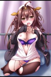 Rule 34 | 10s, 1girl, ahoge, blush, bra, bra pull, breasts, brown hair, clothes pull, double bun, dress, fingernails, hair bun, hair intakes, hairband, hat, highres, jacket, kantai collection, kongou (kancolle), letterboxed, long hair, looking at viewer, medium breasts, nail polish, navel, nipples, nurse, nurse cap, off shoulder, open clothes, open dress, open mouth, panties, pantyhose, purple bra, purple panties, sitting, solo, tears, torn clothes, torn pantyhose, underwear, unzipped, yellow eyes, yoye (pastel white)