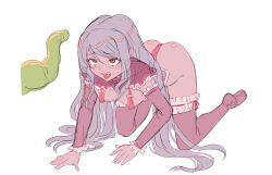 1girl all_fours blush breasts bukkake_factory detached_sleeves grey_hair imminent_fellatio long_hair long_sleeves no_shoes overlord_(maruyama) red_eyes red_thighhighs shalltear_bloodfallen simple_background small_breasts teeth tentacles thighhighs tongue tongue_out upper_teeth_only white_background