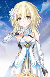 Rule 34 | 1girl, blonde hair, blue sky, breasts, closed mouth, cloud, cloudy sky, commentary request, day, dress, elbow gloves, flower, genshin impact, gloves, hair flower, hair ornament, highres, langley1000, light frown, looking at viewer, lumine (genshin impact), medium dress, medium hair, outdoors, sky, sleeveless, sleeveless dress, small breasts, solo, standing, white dress, white flower, white gloves, yellow eyes