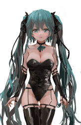 Rule 34 | 1girl, adapted costume, breasts, cleavage, earrings, garter straps, hatsune miku, highres, jewelry, large breasts, latex, latex thighhighs, long hair, looking at viewer, reddizen, simple background, solo, thighhighs, twintails, very long hair, vocaloid, white background