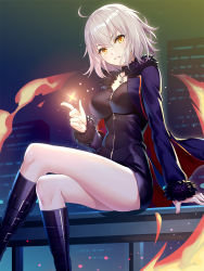 Rule 34 | 1girl, ahoge, black dress, black footwear, blue jacket, blush, boots, breasts, brown eyes, building, commentary request, crossed legs, dress, fate/grand order, fate (series), fingernails, fire, fur-trimmed jacket, fur-trimmed sleeves, fur trim, hair between eyes, head tilt, highres, jacket, jeanne d&#039;arc (fate), jeanne d&#039;arc alter (fate), jeanne d&#039;arc alter (ver. shinjuku 1999) (fate), jewelry, knee boots, long sleeves, medium breasts, night, night sky, official alternate costume, open clothes, open jacket, outdoors, parted lips, pendant, ririko (zhuoyandesailaer), silver hair, sitting, sky, skyscraper, solo, wicked dragon witch ver. shinjuku 1999