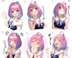 Rule 34 | 2girls, ^^^, afterimage, ahoge, ahoge wag, alternate hair length, alternate hairstyle, blue dress, blue hair, blush, bracelet, breasts, candy hair ornament, chair, clenched hands, closed eyes, closed mouth, commentary, covering own mouth, crescent, crescent earrings, crescent necklace, crown, dated, dress, earrings, expressions, expressive hair, food-themed hair ornament, gradient hair, green eyes, hair ornament, hairclip, happy, heterochromia, highres, himemori luna, himemori luna (sundress), hololive, index finger raised, jewelry, laughing, licking lips, light blue hair, looking at viewer, medium breasts, mini crown, multicolored hair, multiple girls, multiple views, nanaushi, necklace, nervous sweating, official alternate costume, one eye closed, oozora subaru, open mouth, own hands together, pink hair, pointing, pointing at self, puckered lips, purple eyes, ribbon, short hair, signature, simple background, sleeveless, sleeveless dress, smile, starry sky print, streaked hair, surprised, sweat, tickling, tickling armpits, tilted headwear, tongue, tongue out, translated, two-tone hair, upper body, virtual youtuber, waving, wavy mouth, white background, white ribbon