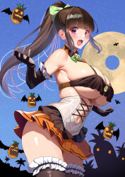 Rule 34 | 1girl, :d, absurdres, akihiro0920, black gloves, black hair, black thighhighs, blunt bangs, blush, breasts, commentary request, detached collar, frilled thighhighs, frills, gloves, hair ribbon, halloween, highres, jack-o&#039;-lantern, large breasts, long hair, looking at viewer, navel, night, open mouth, orange skirt, original, ponytail, purple eyes, revealing clothes, ribbon, sideboob, sidelocks, skindentation, skirt, smile, standing, thighhighs, underboob