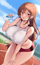 Rule 34 | 1boy, 2girls, :o, absurdres, alternate costume, bare arms, bare shoulders, bent over, blush, bottle, breasts, buruma, commentary, ear piercing, english commentary, fate/grand order, fate (series), highres, holding, holding bottle, large breasts, long hair, looking at viewer, masaki nanaya, mixed-language commentary, multiple girls, open mouth, outdoors, piercing, red buruma, red eyes, solo focus, sports bra, thighs, water bottle, white sports bra, yu mei-ren (fate)