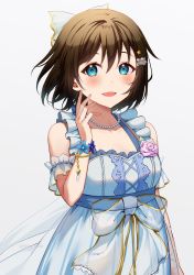 Rule 34 | 1girl, alternate hair length, alternate hairstyle, anata no risou no heroine, arm at side, arm garter, bare shoulders, blue dress, blue eyes, blush, boutonniere, bow, bracelet, brown hair, collarbone, cowboy shot, dress, flower bracelet, frilled dress, frills, grey background, hair bow, hair ornament, hairclip, hand on own cheek, hand on own face, highres, jewelry, lace, lace-trimmed dress, lace trim, looking at viewer, love live!, love live! nijigasaki high school idol club, love live! school idol festival all stars, mia (fai1510), necklace, osaka shizuku, parted lips, pearl necklace, short hair, simple background, sleeveless, sleeveless dress, smile, solo, white dress
