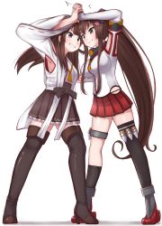 Rule 34 | 2girls, ahoge, black legwear, boots, brown hair, brown skirt, catfight, cherry blossoms, detached collar, detached sleeves, double bun, eye contact, flower, grey eyes, hair flower, hair ornament, headgear, highres, hip vent, japanese clothes, kantai collection, kongou (kancolle), long hair, looking at another, motion blur, multiple girls, pleated skirt, ponytail, red skirt, ribbon-trimmed sleeves, ribbon trim, simple background, single thighhigh, skirt, standing, thigh boots, thighhighs, tiemu (man190), white background, yamato (kancolle)