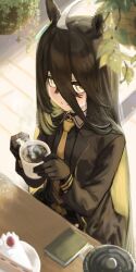 Rule 34 | 1girl, absurdres, ahoge, animal ears, black gloves, black hair, black jacket, black shirt, blurry, blurry foreground, blush, book, bookmark, cake, cake slice, closed mouth, coffee, coffee mug, collared shirt, cooking pot, cup, dated, earrings, food, friend a1012, fruit, gloves, hair between eyes, hands up, hanging plant, happy birthday, highres, holding, holding cup, horse ears, horse girl, horse tail, jacket, jewelry, lapels, leaf, long bangs, long hair, long sleeves, looking at viewer, manhattan cafe (umamusume), mug, multicolored hair, necktie, open clothes, open jacket, plant, plate, shirt, single earring, sitting, smile, solo, steam, strawberry, table, tail, umamusume, very long hair, white hair, yellow eyes, yellow necktie