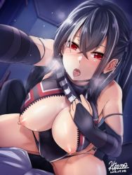 Rule 34 | 1boy, 1girl, arm strap, artist name, azur lane, bandana, bare shoulders, black bandana, black gloves, black hair, black one-piece swimsuit, black panties, blush, breasts, breasts out, cleavage, cleavage cutout, clothing cutout, cross, cross earrings, dated, earrings, elbow gloves, eyes visible through hair, front zipper swimsuit, girl on top, gloves, hair between eyes, heavy breathing, hiruno, indoors, iron cross, jewelry, large breasts, leaning forward, long hair, looking at viewer, mask pull, meme attire, multicolored hair, nipples, nose blush, one-piece swimsuit, one side up, open mouth, panties, pulled by self, red eyes, saliva, signature, solo focus, streaked hair, sweat, swimsuit, tongue, tongue out, u-47 (azur lane), underwear, unzipped, white hair