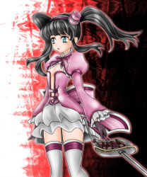 Rule 34 | 1041 (toshikazu), 1girl, alternate costume, amy sorel, black hair, blue eyes, gloves, hat, lolita fashion, long hair, mini hat, solo, soul calibur, soulcalibur, soulcalibur iii, standing, sword, thighhighs, twintails, weapon, white thighhighs