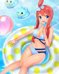 Rule 34 | 1girl, adapted costume, afloat, ball, banned artist, beachball, bikini, blue bikini, blue eyes, bracelet, breasts, cleavage, collarbone, commentary request, creatures (company), ducklett, food, game freak, gen 5 pokemon, glint, hair ornament, highres, holding, innertube, jewelry, knees together feet apart, long hair, looking at viewer, medium breasts, navel, nintendo, one side up, open mouth, pokemon, pokemon (creature), pokemon bw, popsicle, red hair, shiny skin, short hair with long locks, sidelocks, skyla (pokemon), smile, solo, sparkle, swim ring, swimsuit, takahara, water