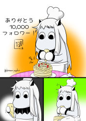 Rule 34 | (o) (o), 1girl, abyssal ship, cake, chef hat, comic, commentary request, cosplay, female focus, food, fruit, gradient background, hat, highres, horns, icing, kantai collection, mayonnaise, mittens, moomin, moomintroll, muppo, no humans, northern ocean hime (cosplay), northern ocean princess, pastry bag, sazanami konami, simple background, solo, strawberry, thank you, translation request, twitter username, upper body
