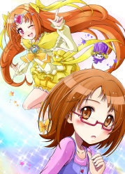 Rule 34 | 10s, 1girl, ;d, boots, bow, brown eyes, brown hair, bubble skirt, circlet, cure muse, cure muse (yellow), dodory, dress, dual persona, eyelashes, frills, glasses, hair ribbon, happy, heart, highres, long hair, magical girl, one eye closed, open mouth, orange hair, pink-framed eyewear, pink eyes, precure, ribbon, satogo, shirabe ako, short hair, skirt, smile, suite precure, wink, yellow bow, yellow dress, yellow skirt