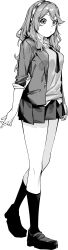 Rule 34 | 1girl, absurdres, breasts, commentary request, full body, greyscale, hairband, highres, jacket, loafers, medium breasts, menea, miniskirt, monochrome, necktie, original, pleated skirt, school uniform, shoes, skirt, sleeves rolled up, socks, solo