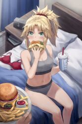 Rule 34 | 1girl, 1other, bed, blonde hair, blush, bra, unworn bra, braid, breasts, burger, cheese, commentary request, cup, disposable cup, drink, drinking straw, eating, fate/apocrypha, fate (series), feet out of frame, food, french braid, french fries, green eyes, grey panties, grey sports bra, highres, holding, holding cup, holding drink, holding food, indoors, ketchup, long hair, looking at another, looking at viewer, mordred (fate), mordred (fate/apocrypha), no pants, on bed, panties, parted bangs, pillow, ponytail, red bra, red panties, red scrunchie, scrunchie, sidelocks, sitting, small breasts, sports bra, tonee, underwear, underwear only